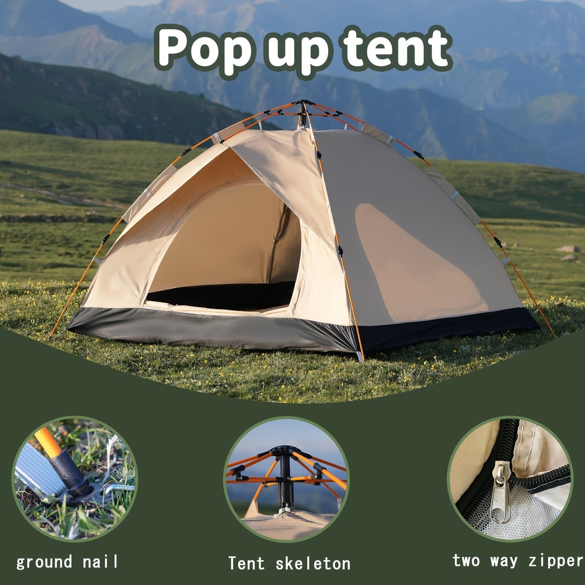 Camping Tent, One-to-Three or Three-to-Four-Person Pop-Up Outdoor Shelter with Dual Doors for Camp Setup