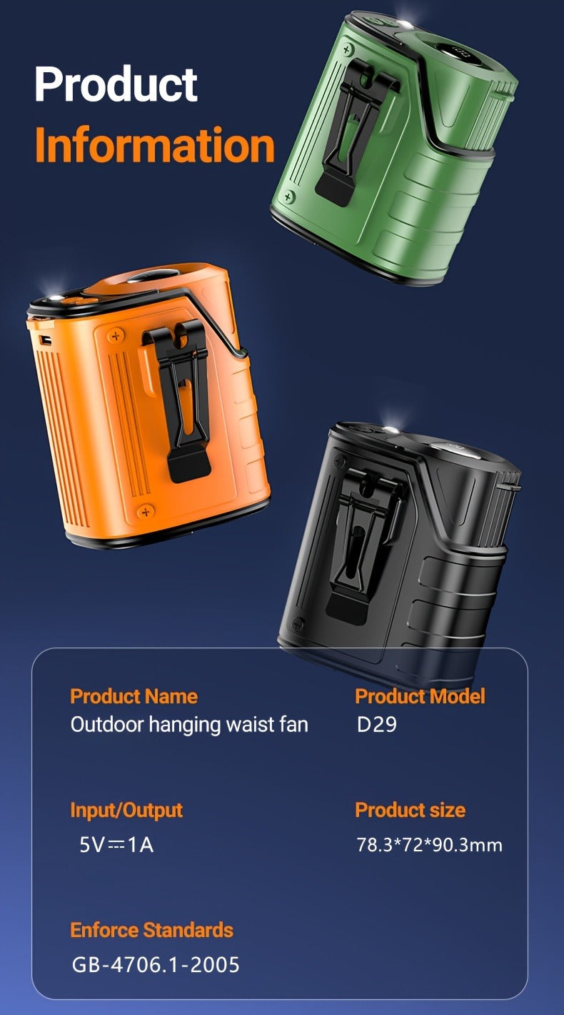 Outdoor Camping and Hiking: Portable Waist Fan with Flashlight and Power Bank for Sports EDC