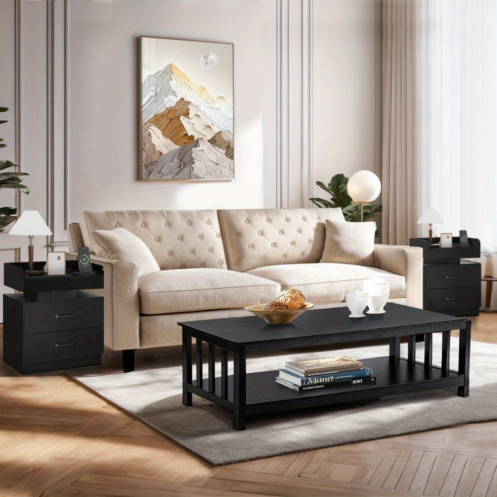 Bedside Table in Black or White in a Tray-Top Two-Drawer Charging Station Nightstand Design with LED Light