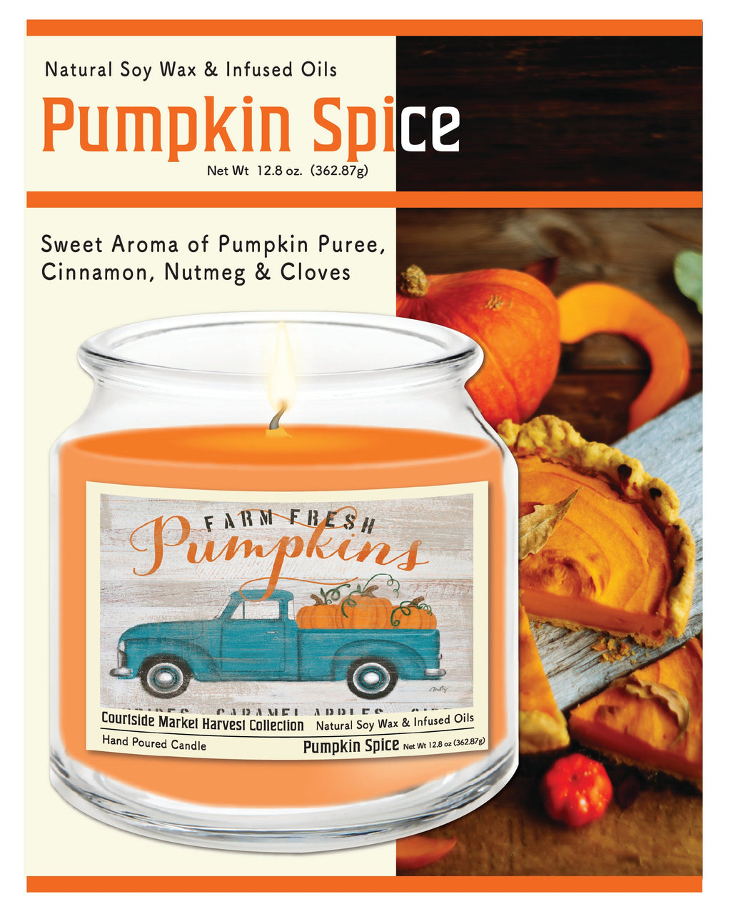 Farm Fresh Pumpkins 12.8 Oz Candle Glass Jar with Brushed Silver Metal Lid