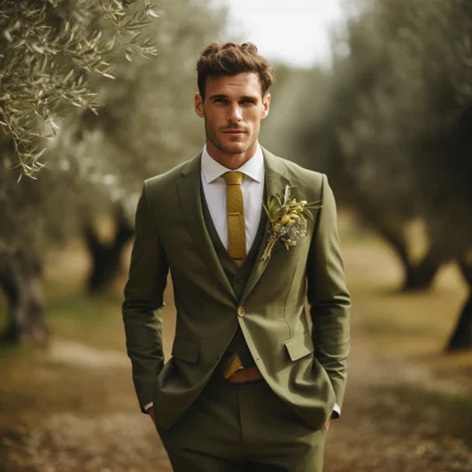Mens Olive Green Suit Double Breasted Three Piece Suit Tuxedo