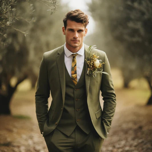 Mens Olive Green Suit Double Breasted Three Piece Suit Tuxedo