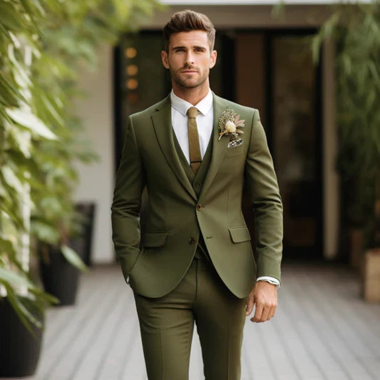 Mens Olive Green Suit Double Breasted Three Piece Suit Tuxedo
