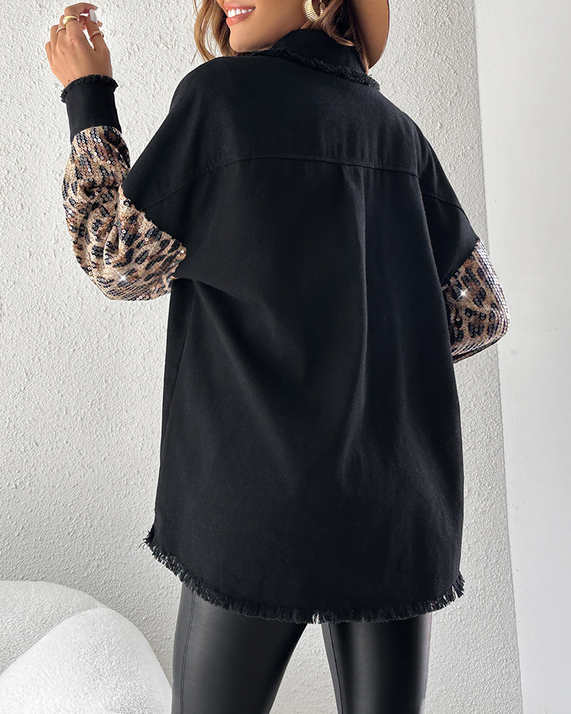 Contrast Leopard Sequin Patchwork Long Sleeve Jacket Top Button Front Raw Hem Shacket