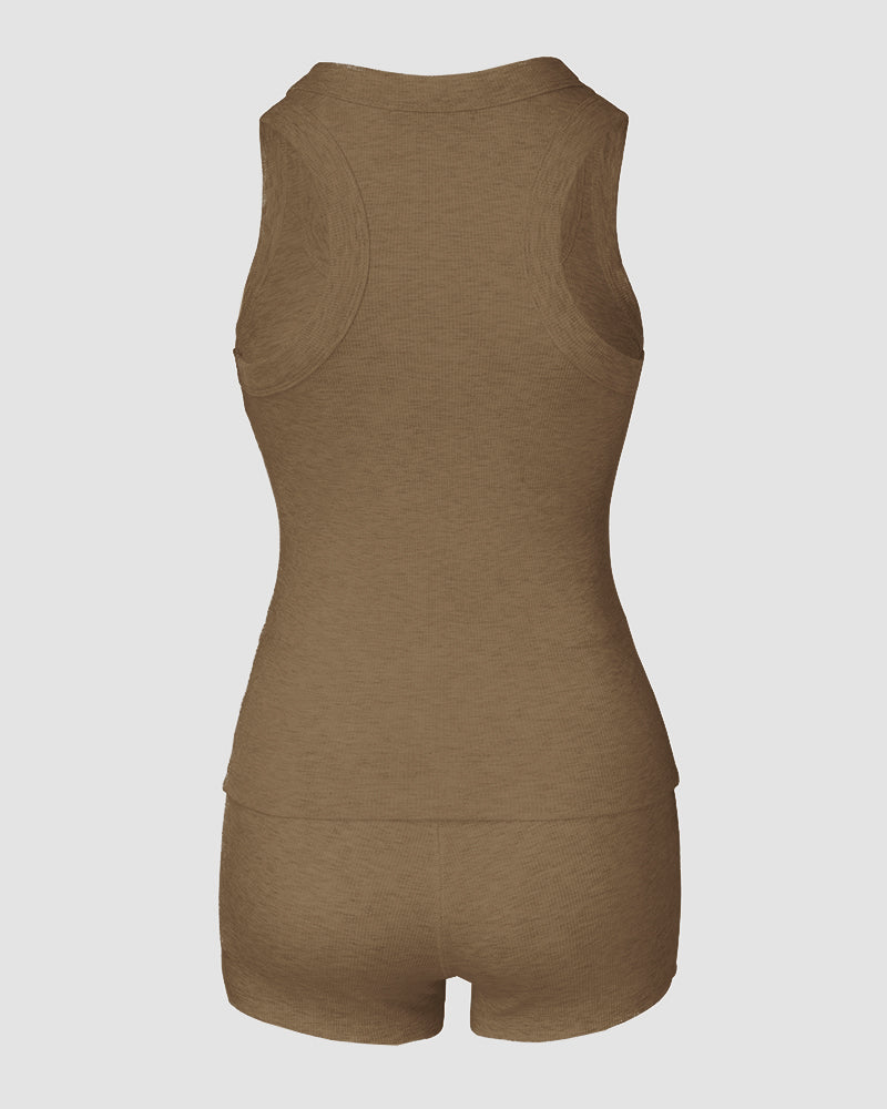 2PCS Micro-Ribbed U-Neck Tank Top & Boxer Set Cozy Loungewear