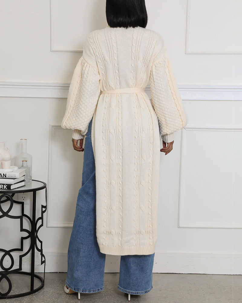 Cable Textured High Neck Lantern Sleeve Bow Tie Waist Sweater Casual High Slit Knit Longline Top