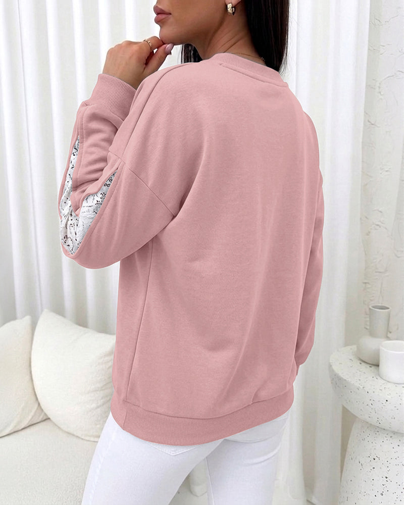 Women's Lace Patchwork Sweatshirt Crewneck Long Sleeve Pullover Slit Sleeve Casual Loose Fit Top