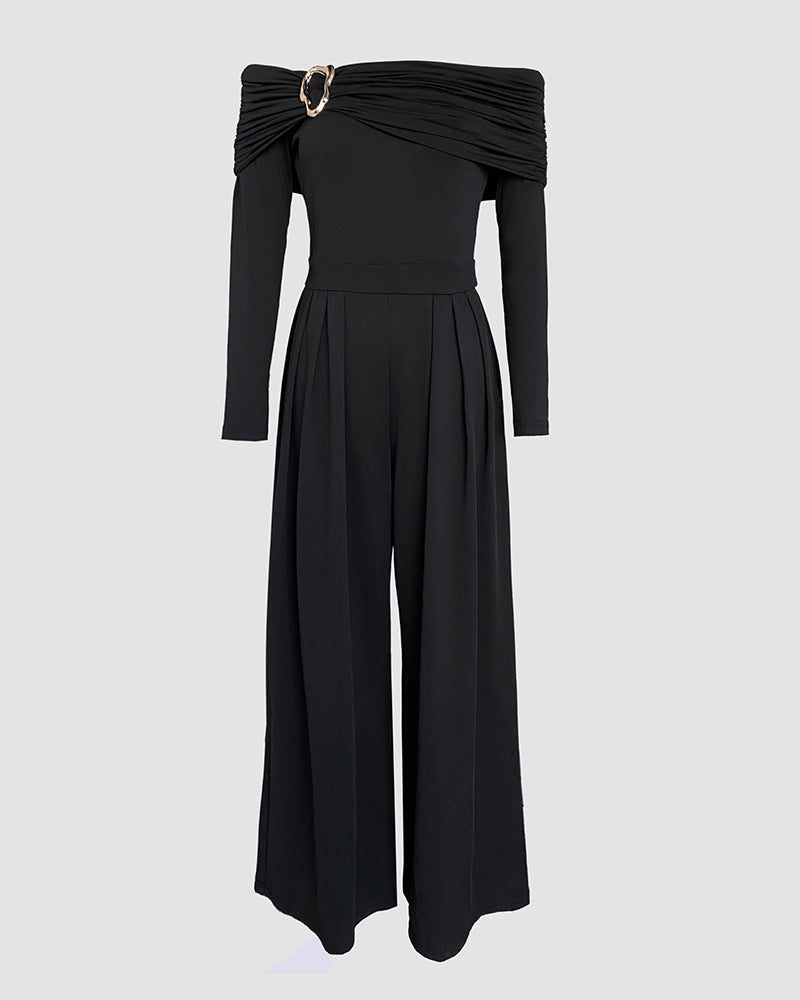 Jumpsuit mit Metallring-Dekor, schulterfrei, gerafft, mit hoher Taille, legerer, taillierter Jumpsuit mit weitem Bein