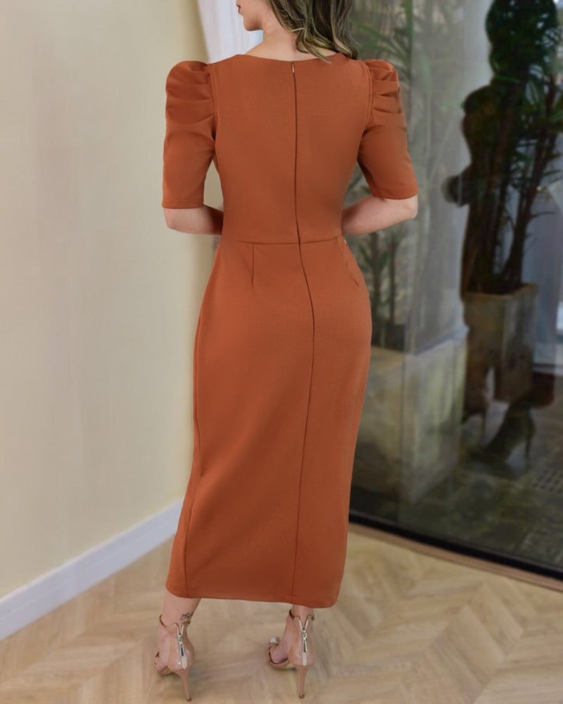 3D Flower Decor Round Neck Puff Sleeve Bodycon Dress Casual Ruched Slit Zipper Back Work Dress