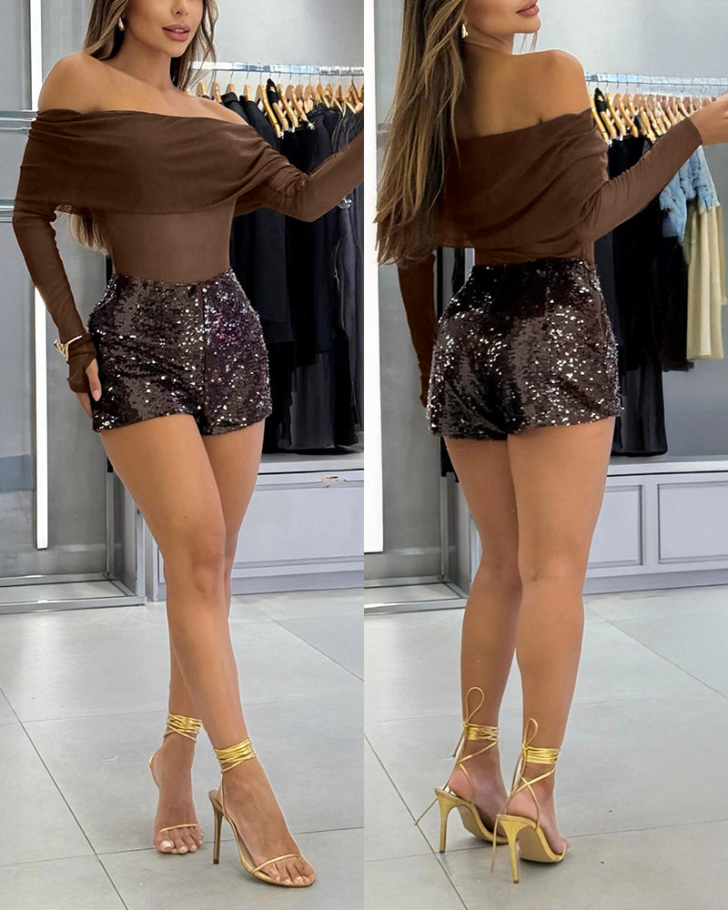 Foldover Off Shoulder Long Sleeve Mesh Top with Thumb Hole Cuffs