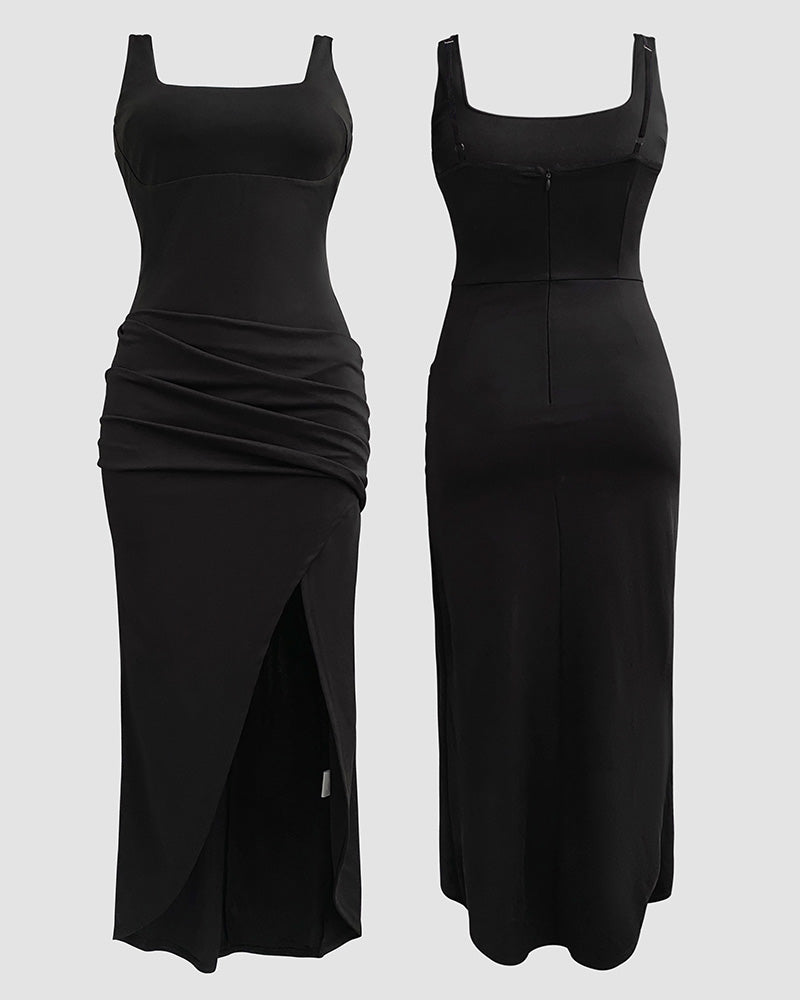 Sexy Square Neck Thick Strap Backless Slit Dress