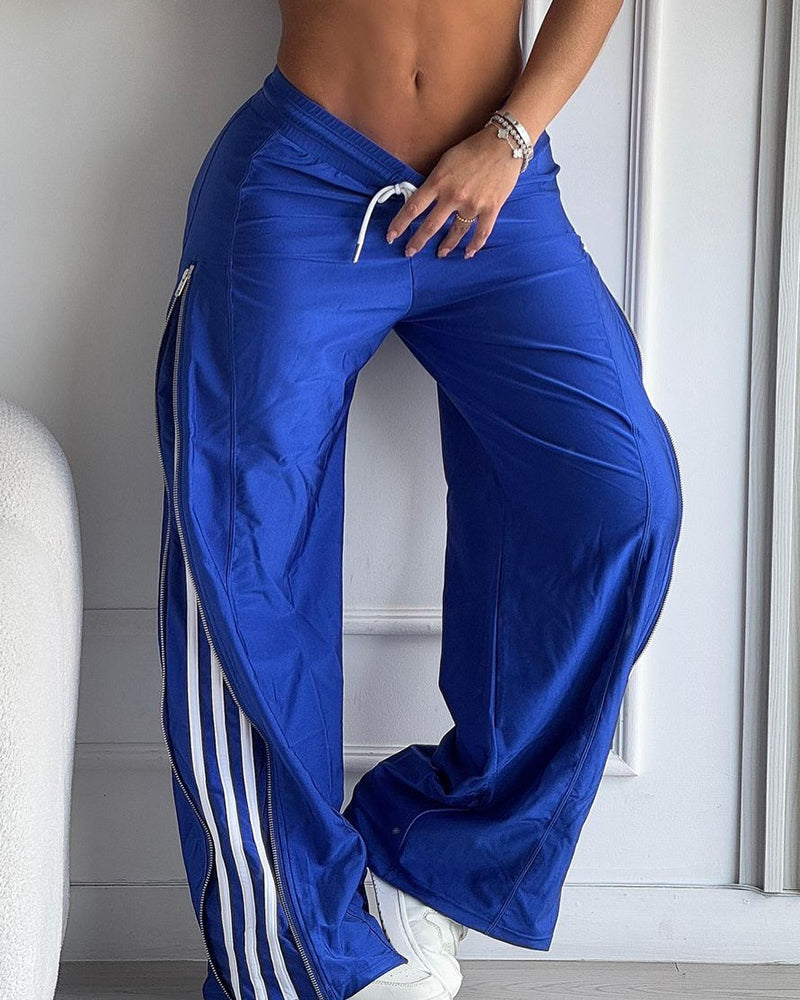 Contrast Side Striped & Zipper Slit Side Drawstring Elastic Waist Trousers Casual Wide Leg Pants