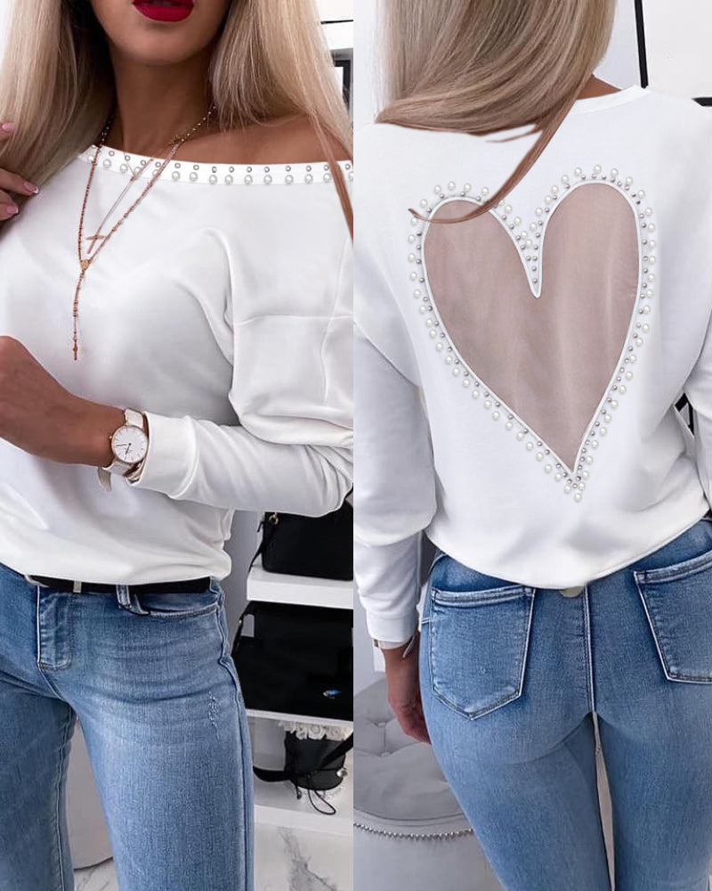 Pearls Decor Sheer Heart Pattern Mesh Spliced Tee Casual Drop Shoulder Long Sleeve Top