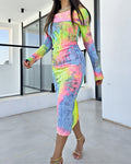 Tie Dye Print Foldover Off Shoulder Long Sleeve Textured Bodycon Dress Casual Ripped Detail High Strech Vacation Dress
