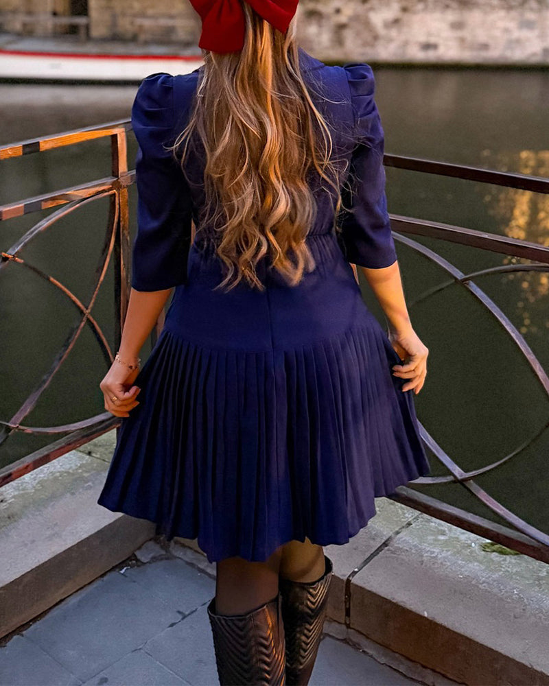 Women's Notch Lapel Blazer Dress Puff Sleeve Side Button Asymmetrical Pleated Hem A Line Work Dress