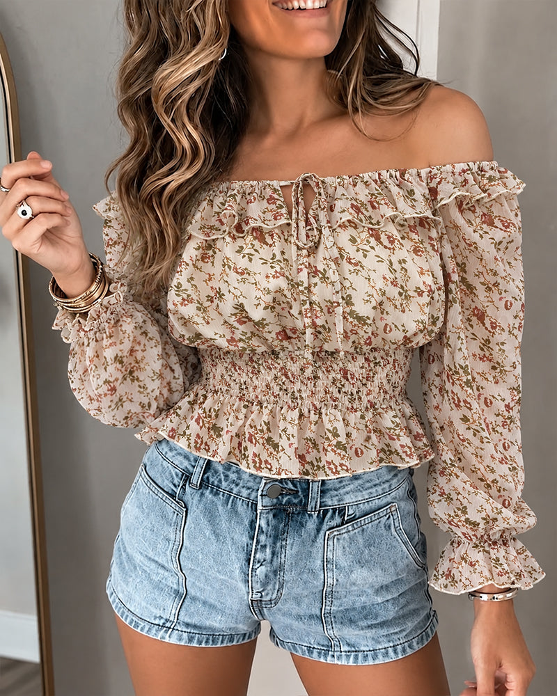 Women's Ditsy Floral Chiffon Off Shoulder Tie Front Shirred Peplum Top