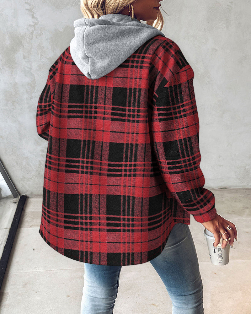 Plaid Print Button Front Pocket Design Drawstring Hoodie Jacket Casual Asymmetrical Hem Thermal Lined Warm Coat