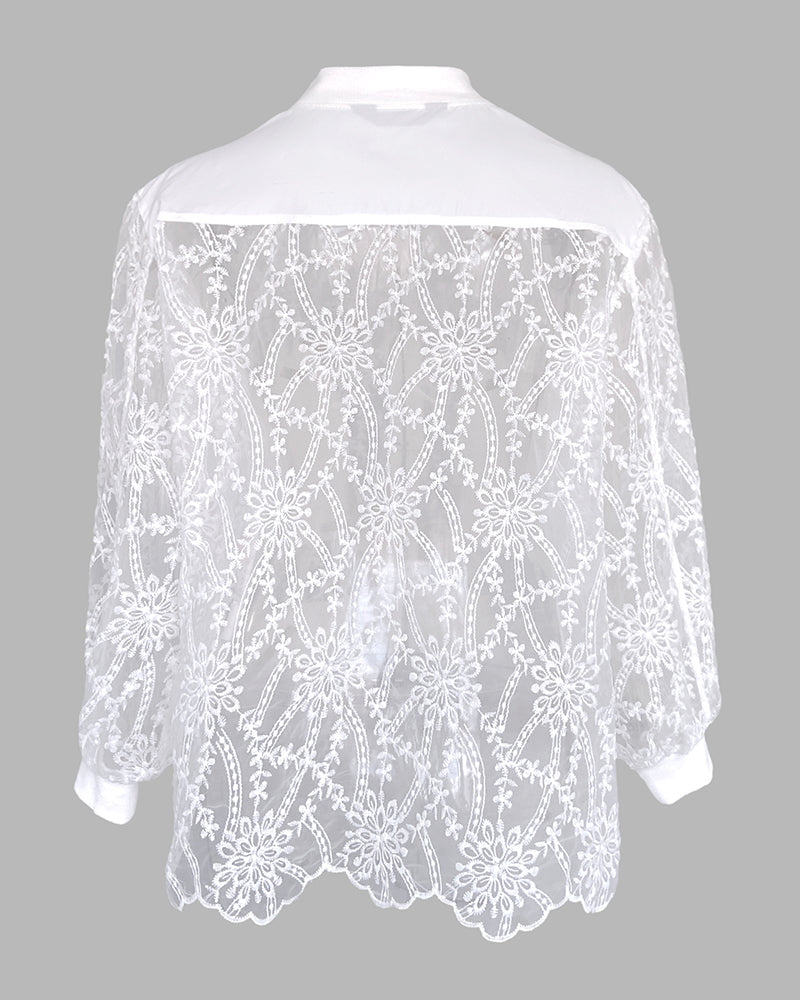 Floral Lace Embroidered Mesh Patchwork High-Low Hem Baseball Coat Casual Side Slit Zip Up Bomber Jacket