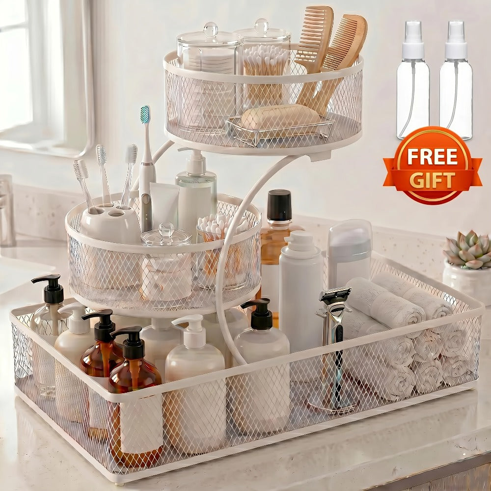 Bathroom Rack in a Metal Design with a Spray Bottle and the Hooks