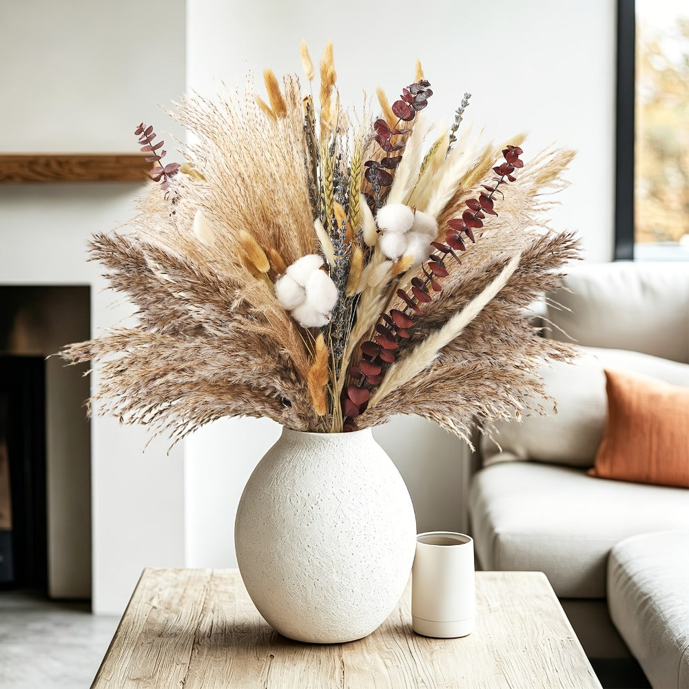 Boho Pampas Grass Dried Flower Arrangement – Lavender Eucalyptus Bouquet with Gemstone Accents for Home Decor, Rustic Wedding Centerpiece & Bohemian Bedroom Vase Filler