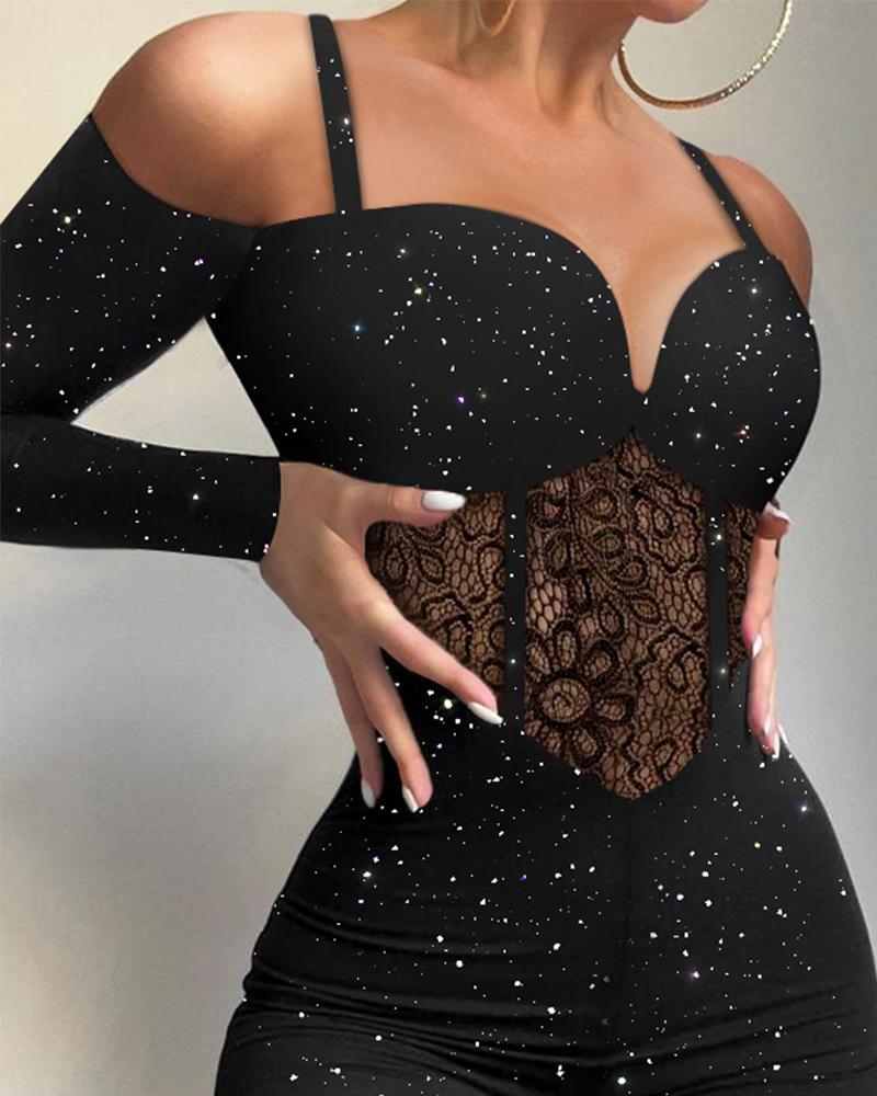 Glitter Cold Shoulder Adjustable Spaghetti Straps Lace Spliced Overalls Slim Fit Zipper Back Corset Jumpsuit