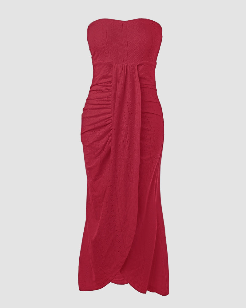 Sleeveless Ruched Cinched Waist Draped Bandeau Dress Eyelet Embroidery Slit Asymmetrical Hem Vacation Dress