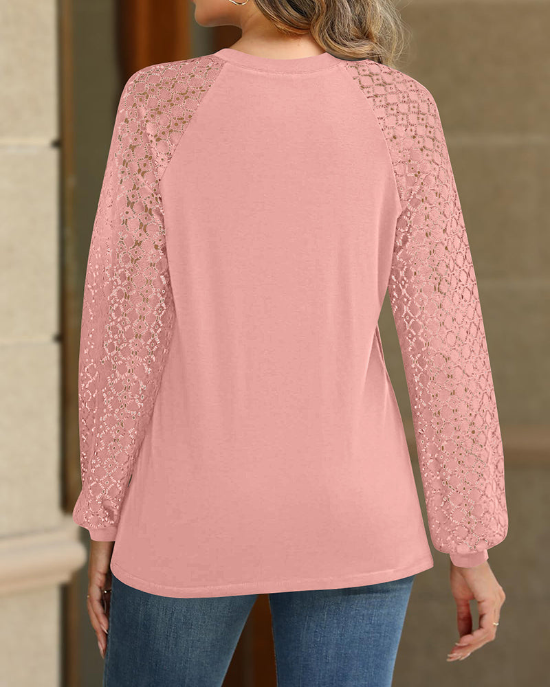 Contrast Lace Round Neck Lantern Sleeve Ruched Blouse Elegant Shirt