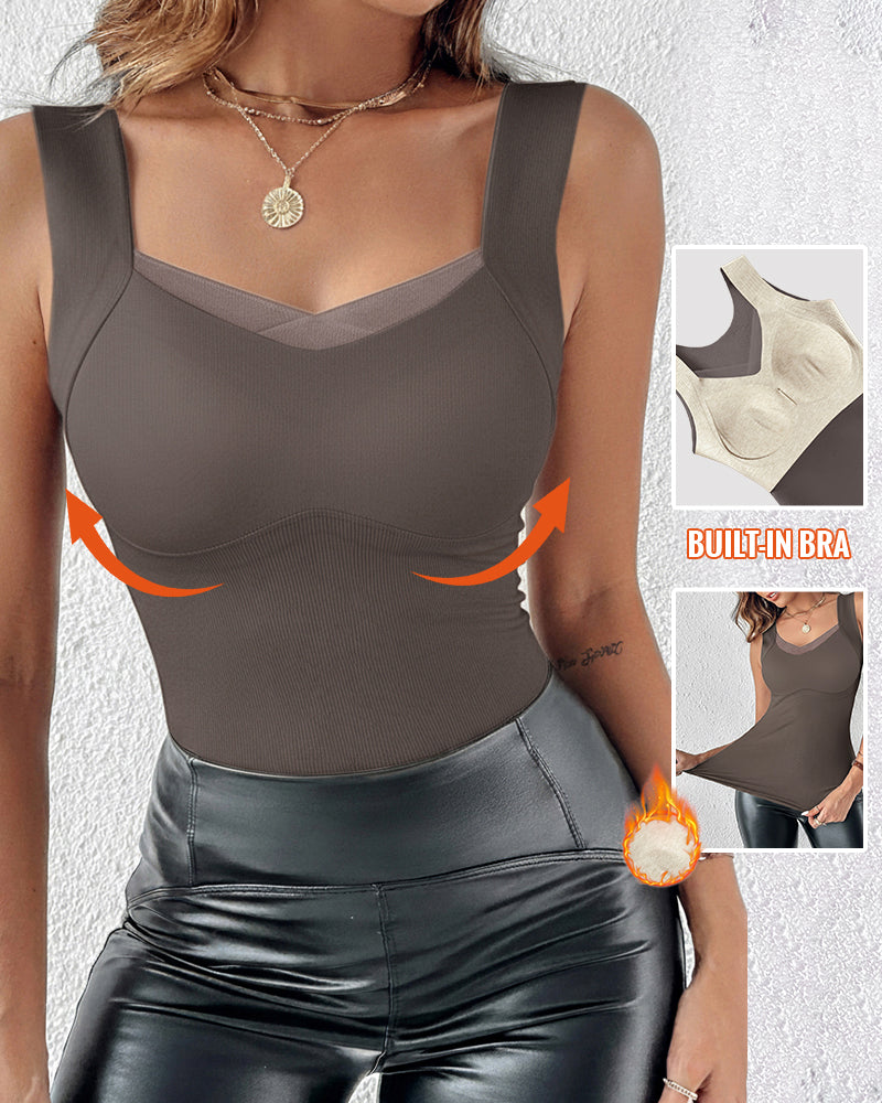 Sheer Mesh Spliced V Neck Sleeveless Built In Bra Tank Casual Warm Fleece Lined Slim Fit Top