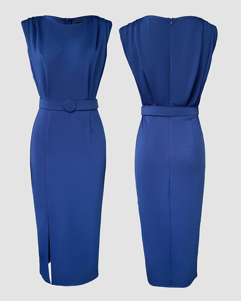 Round Neck Sleeveless Waist Ruched Slit Dress