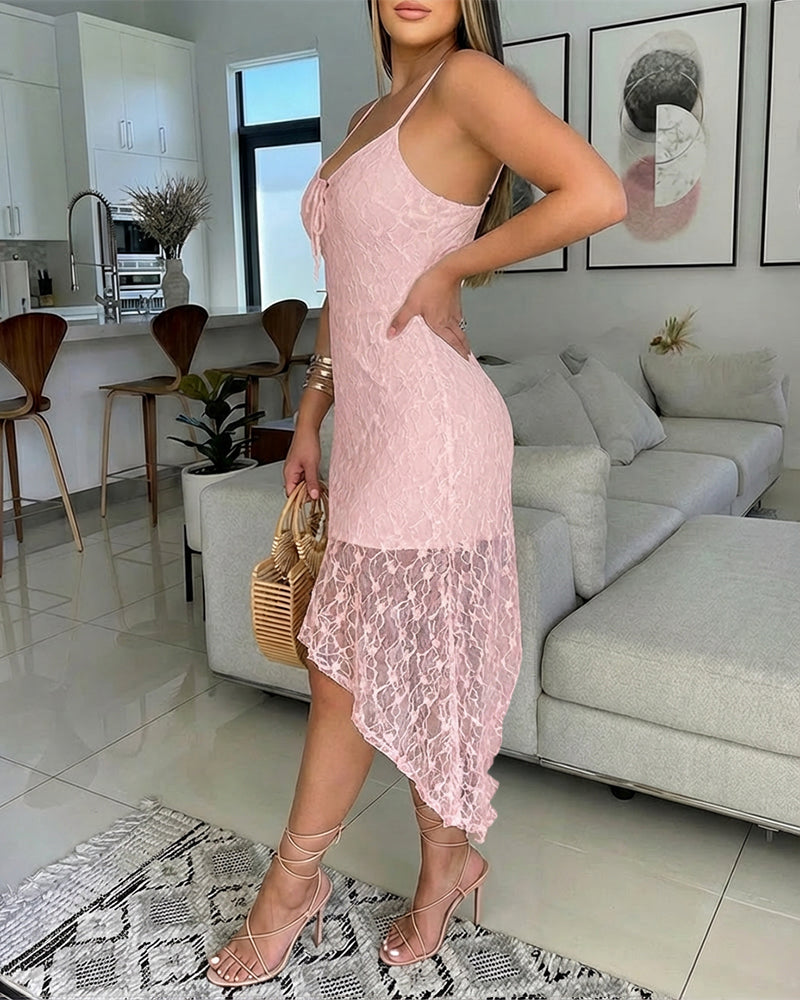 V-Neck Adjustable Spaghetti Straps Tie Front Asymmetrical Hem Dress Casual Hollow-out Front Backless Textured Lace Overlay Party Dress