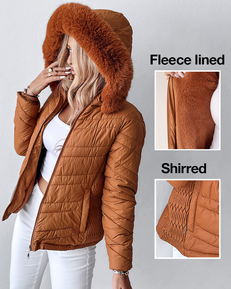 Zipper Pocket Design Shirred Fuzzy Trim Fleece Lined Hooded Puffer Jacket