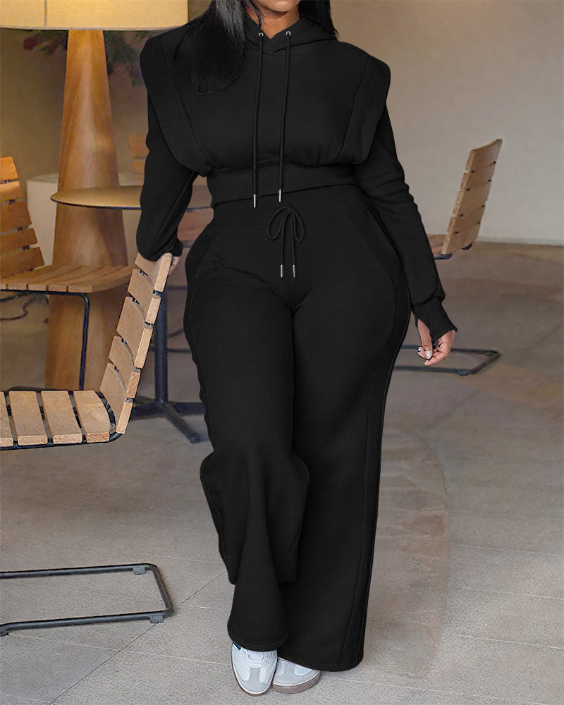 2 Pieces Outfit Long Sleeve Crop Drawstring Hoodie Sweatshirt with Thumb Hole Cuffs and Casual Drawstring Elastic Waist Wide Leg Sweatpants Set