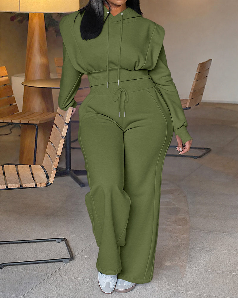 2 Pieces Outfit Long Sleeve Crop Drawstring Hoodie Sweatshirt with Thumb Hole Cuffs and Casual Drawstring Elastic Waist Wide Leg Sweatpants Set