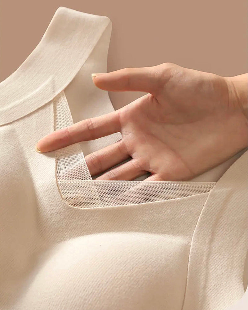 Sheer Mesh Spliced V Neck Sleeveless Built In Bra Tank Casual Warm Fleece Lined Slim Fit Top