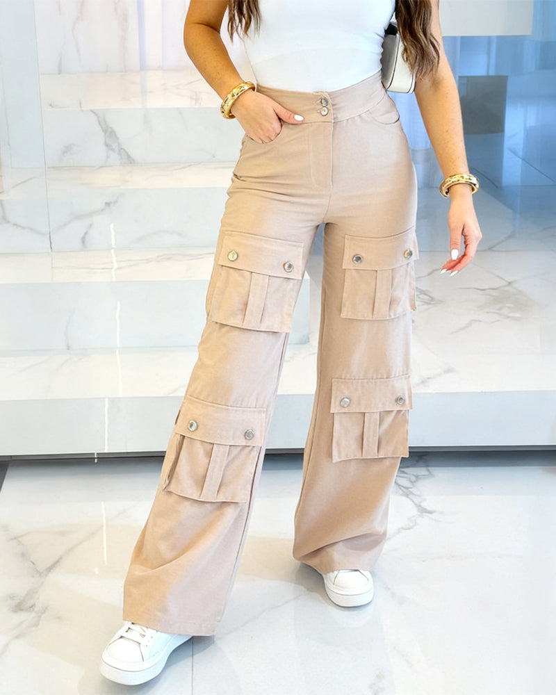 High Waist Zipper Fly Multiple Flap Pockets Design Utility Pants Casual Elastic Back Waist Wide Leg Cargo Pants