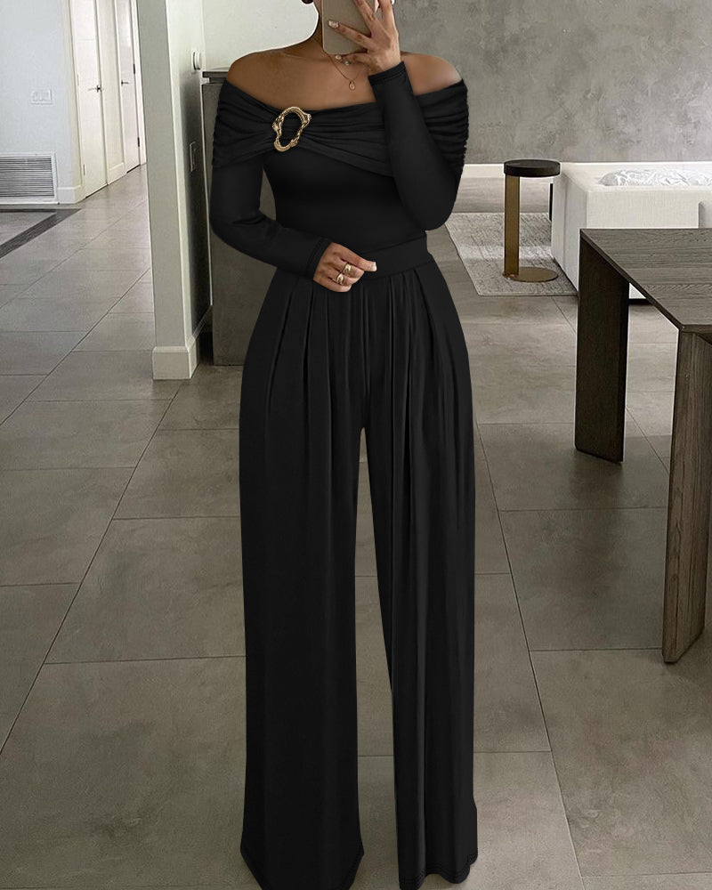 Jumpsuit mit Metallring-Dekor, schulterfrei, gerafft, mit hoher Taille, legerer, taillierter Jumpsuit mit weitem Bein