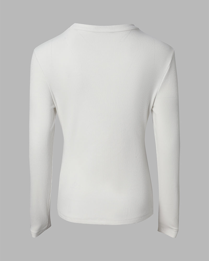 Women's Pearl Rhinestone Hollow-out Long Sleeve Ribbed Fitted Top