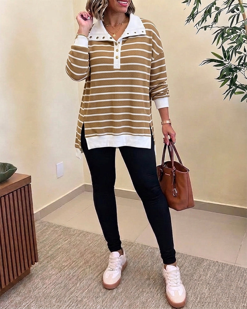 Women's Striped Waffle Knit Henley Collar Loose Long Sleeve Side Slit Top