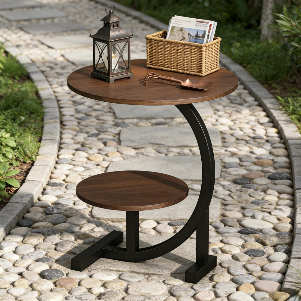Outdoor Side Table 14-Inch Round Metal and Solid Wood Design with Two Storage Tiers and Five Pattern Options