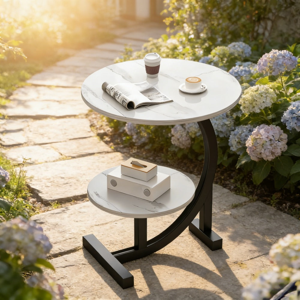 Outdoor Side Table 14-Inch Round Metal and Solid Wood Design with Two Storage Tiers and Five Pattern Options