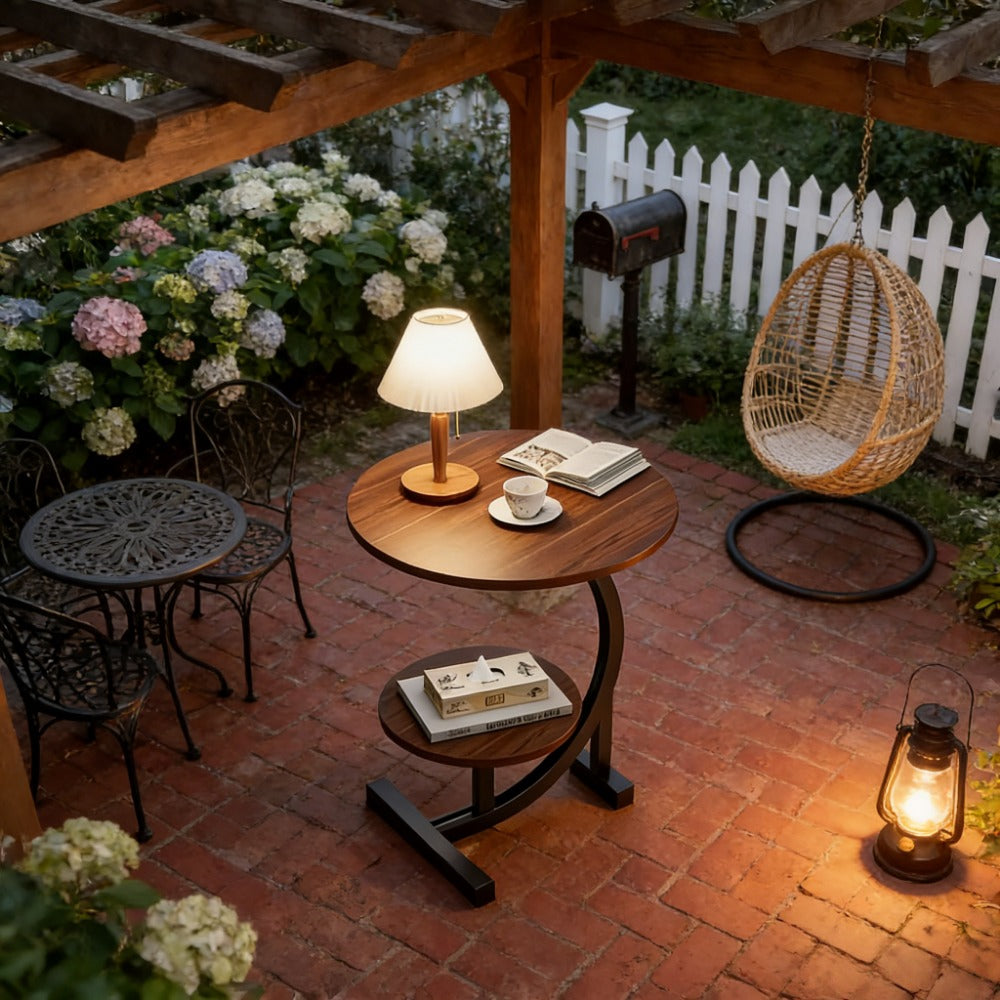 Outdoor Side Table 14-Inch Round Metal and Solid Wood Design with Two Storage Tiers and Five Pattern Options