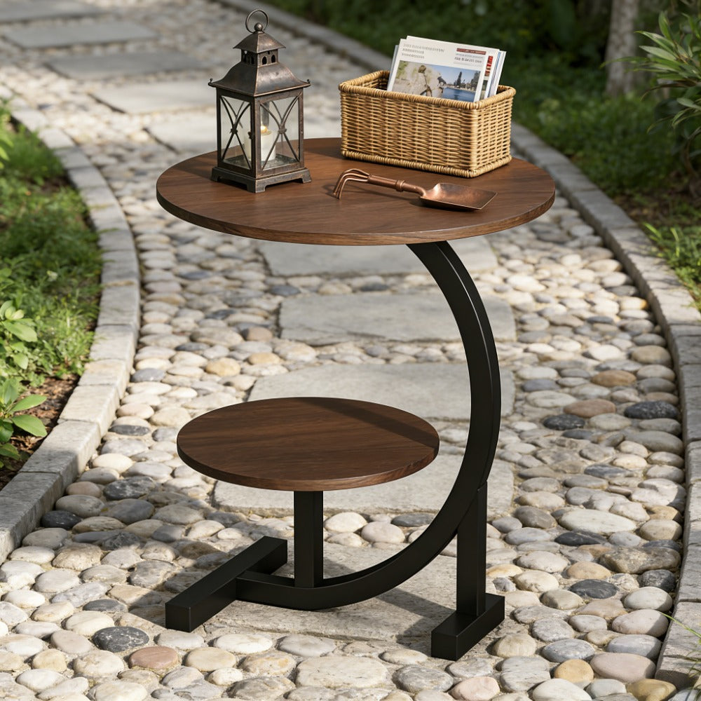Outdoor Side Table 14-Inch Round Metal and Solid Wood Design with Two Storage Tiers and Five Pattern Options