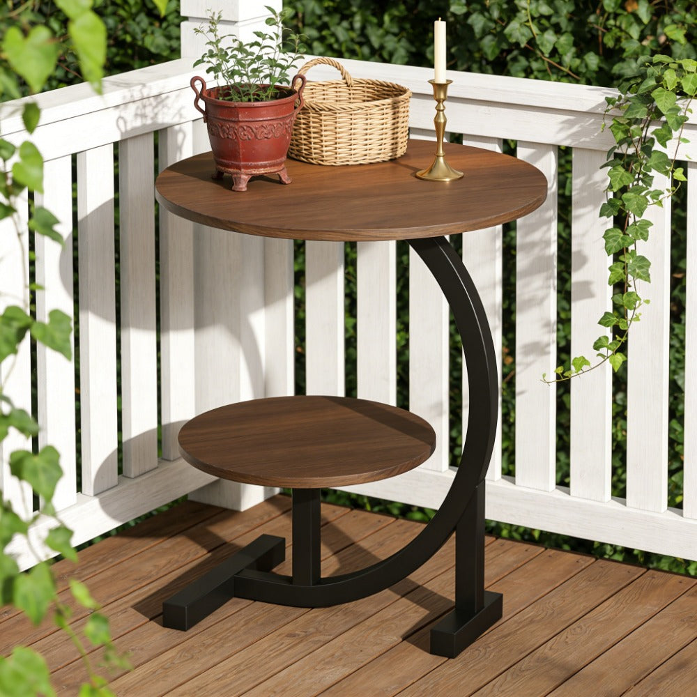 Outdoor Side Table 14-Inch Round Metal and Solid Wood Design with Two Storage Tiers and Five Pattern Options