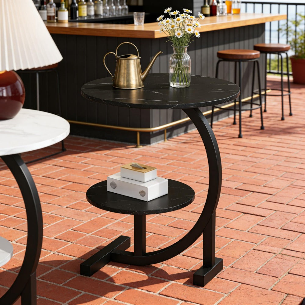Outdoor Side Table 14-Inch Round Metal and Solid Wood Design with Two Storage Tiers and Five Pattern Options