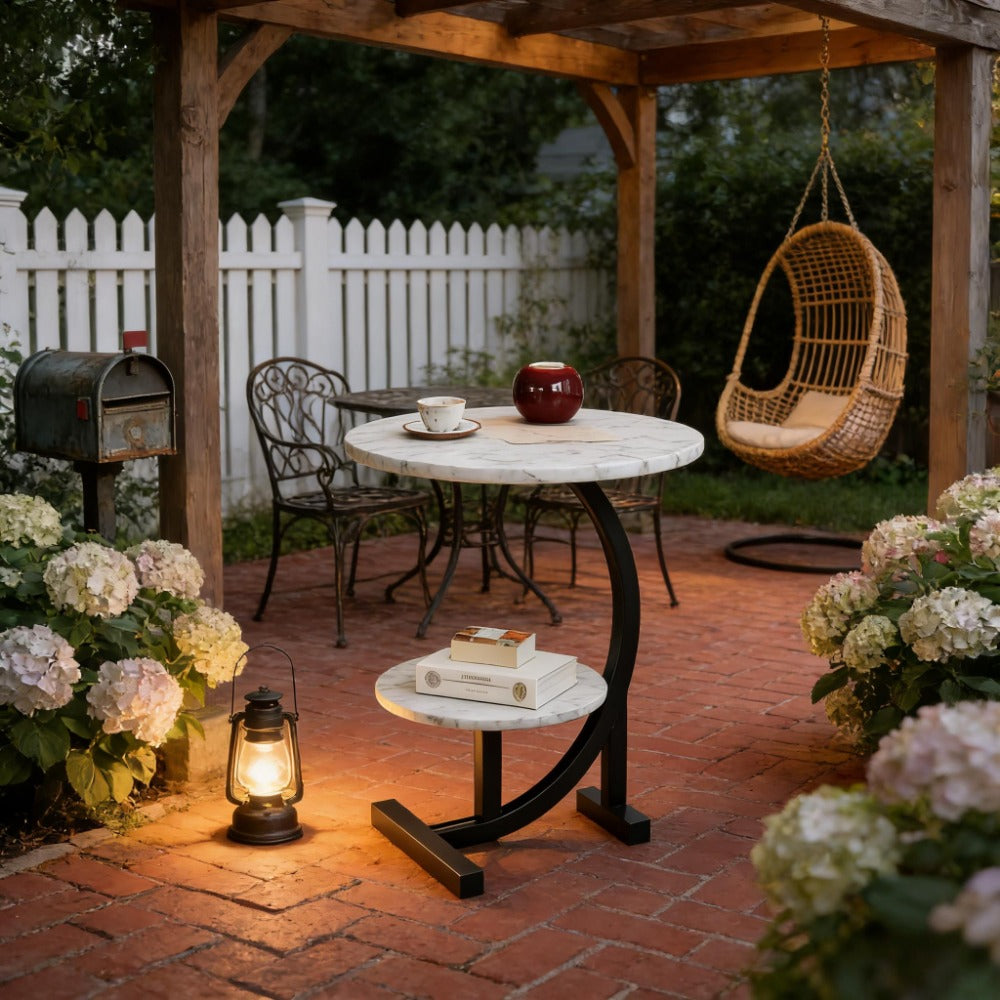 Outdoor Side Table 14-Inch Round Metal and Solid Wood Design with Two Storage Tiers and Five Pattern Options