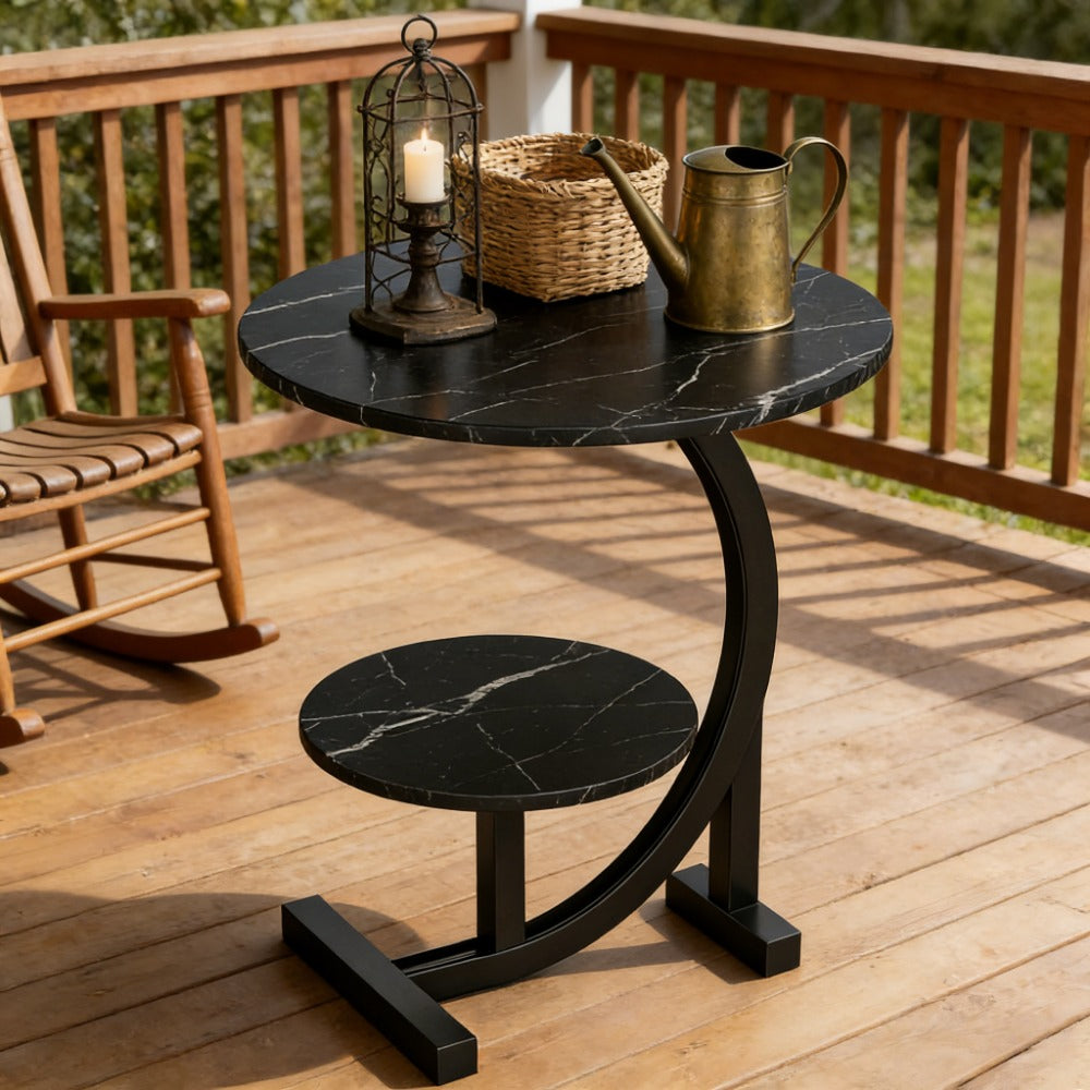 Outdoor Side Table 14-Inch Round Metal and Solid Wood Design with Two Storage Tiers and Five Pattern Options
