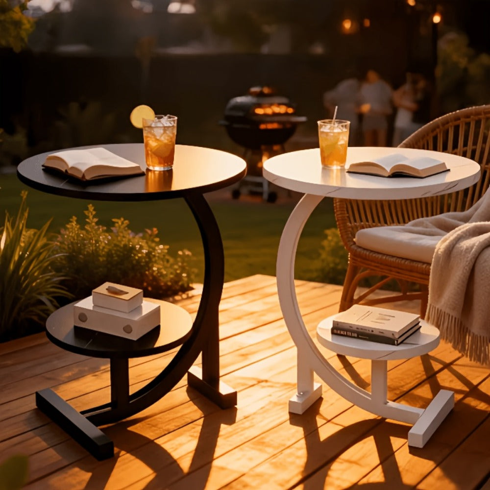 Outdoor Side Table 14-Inch Round Metal and Solid Wood Design with Two Storage Tiers and Five Pattern Options