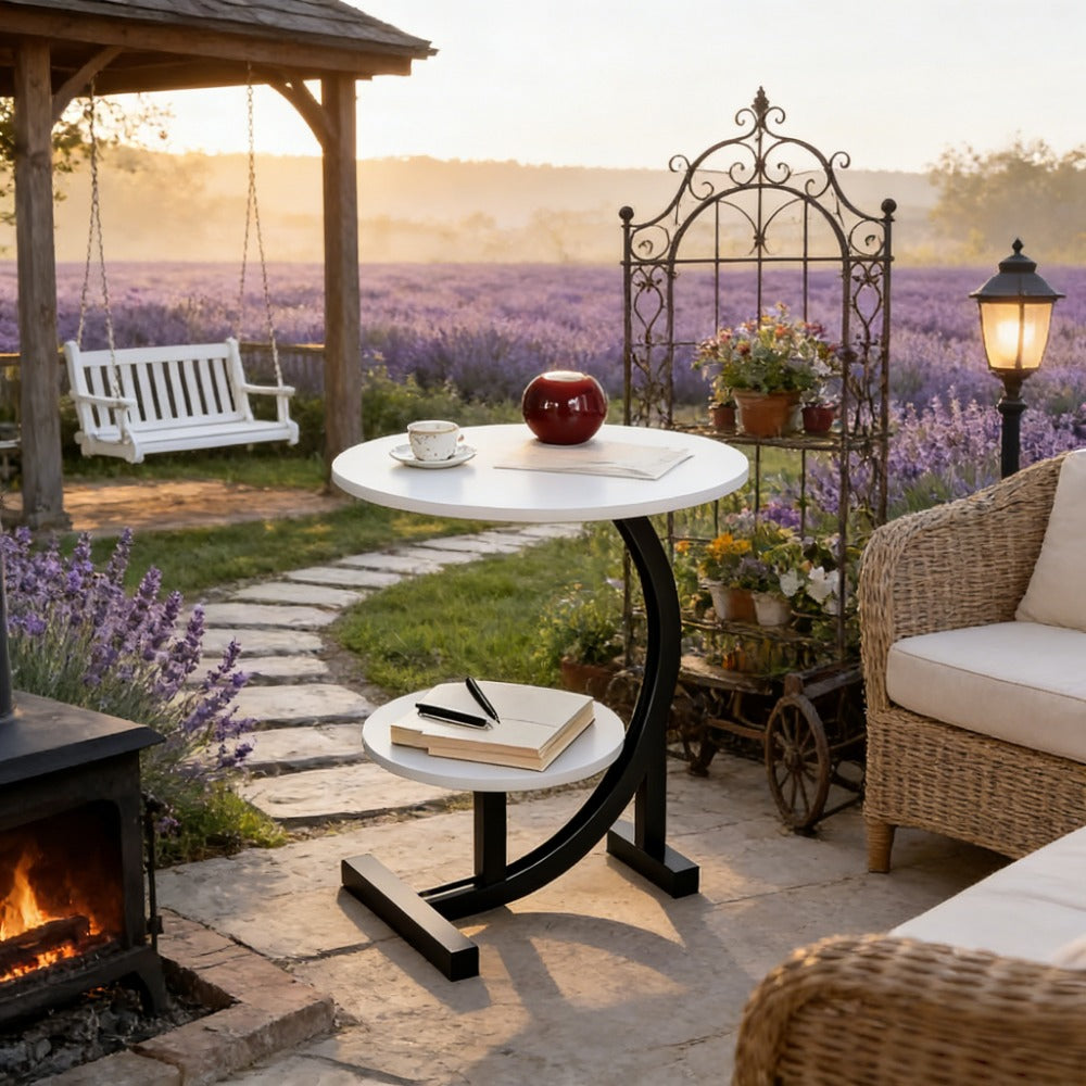 Outdoor Side Table 14-Inch Round Metal and Solid Wood Design with Two Storage Tiers and Five Pattern Options