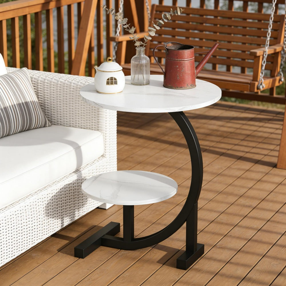 Outdoor Side Table 14-Inch Round Metal and Solid Wood Design with Two Storage Tiers and Five Pattern Options
