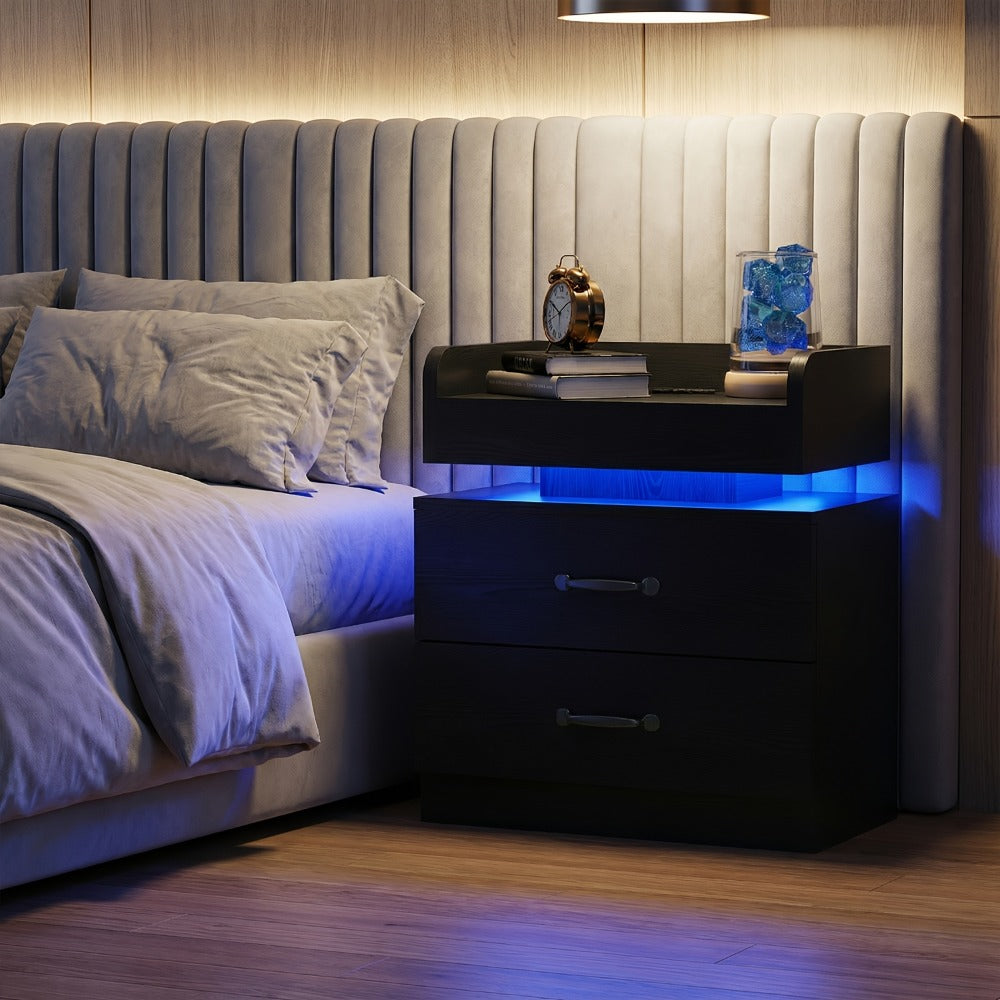 Bedside Table in Black or White in a Tray-Top Two-Drawer Charging Station Nightstand Design with LED Light